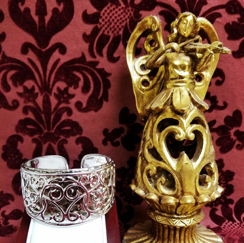 CHUNKY STERLING SILVER WIDE HEART SCROLL CUFF - Picture 3 of 4